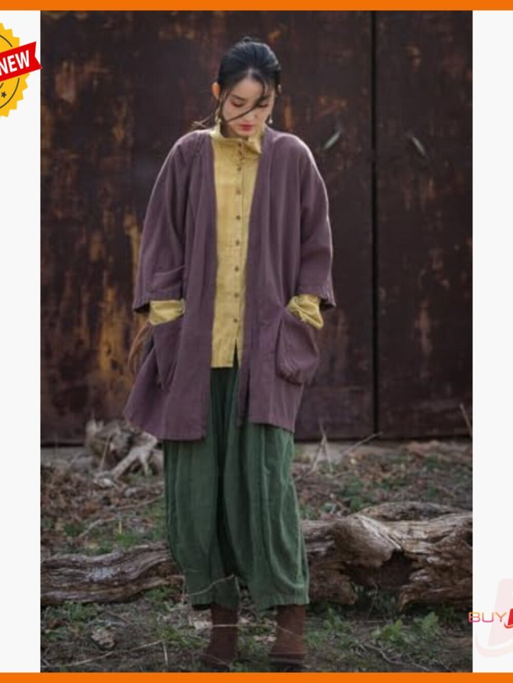 Loose Fit Ramie Cardigan Jacket with Pockets, Kimono Sleeve, Casual Outerwear - Picture 2 of 7